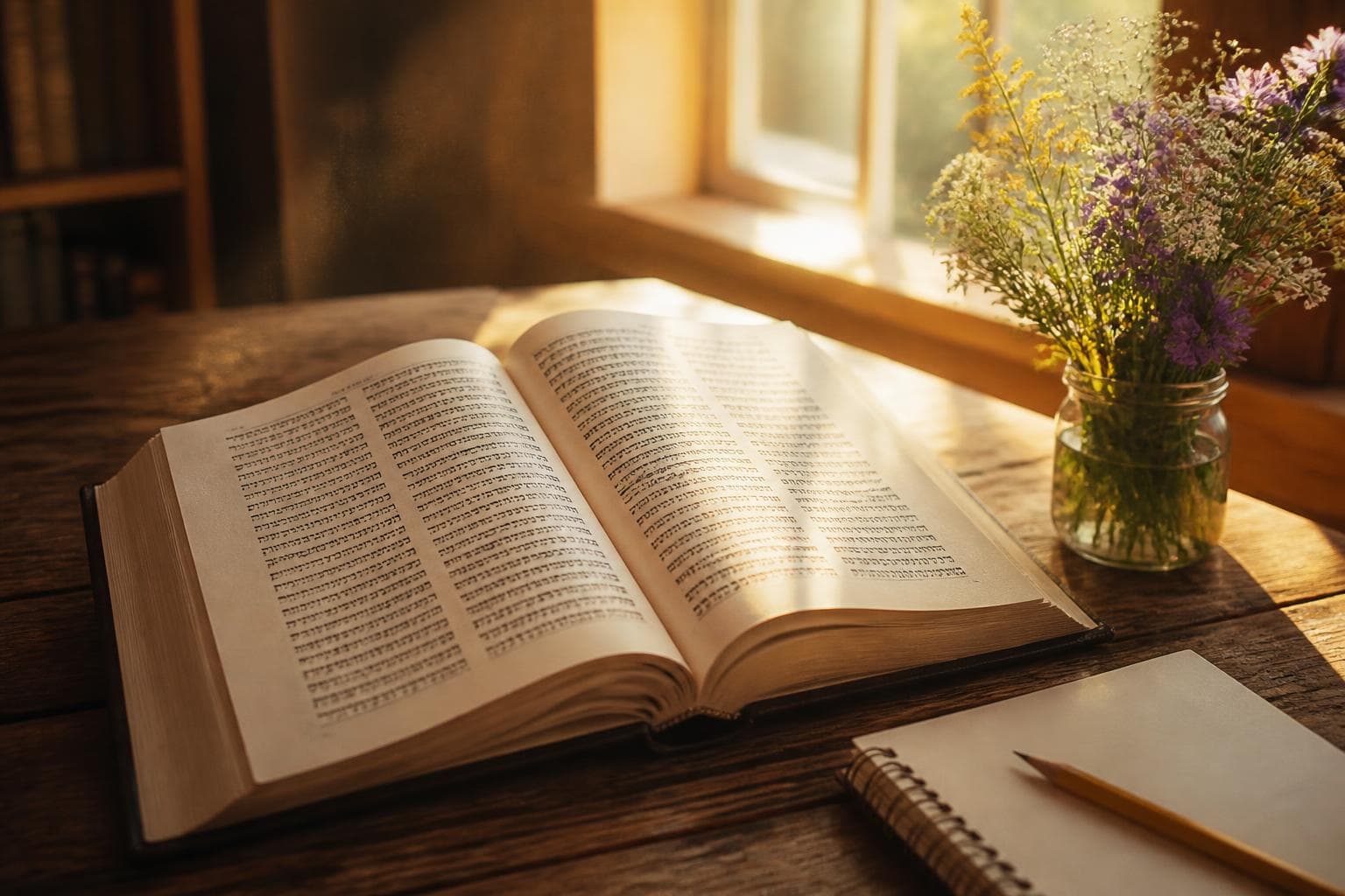 An open chumash on a sunlit wooden table